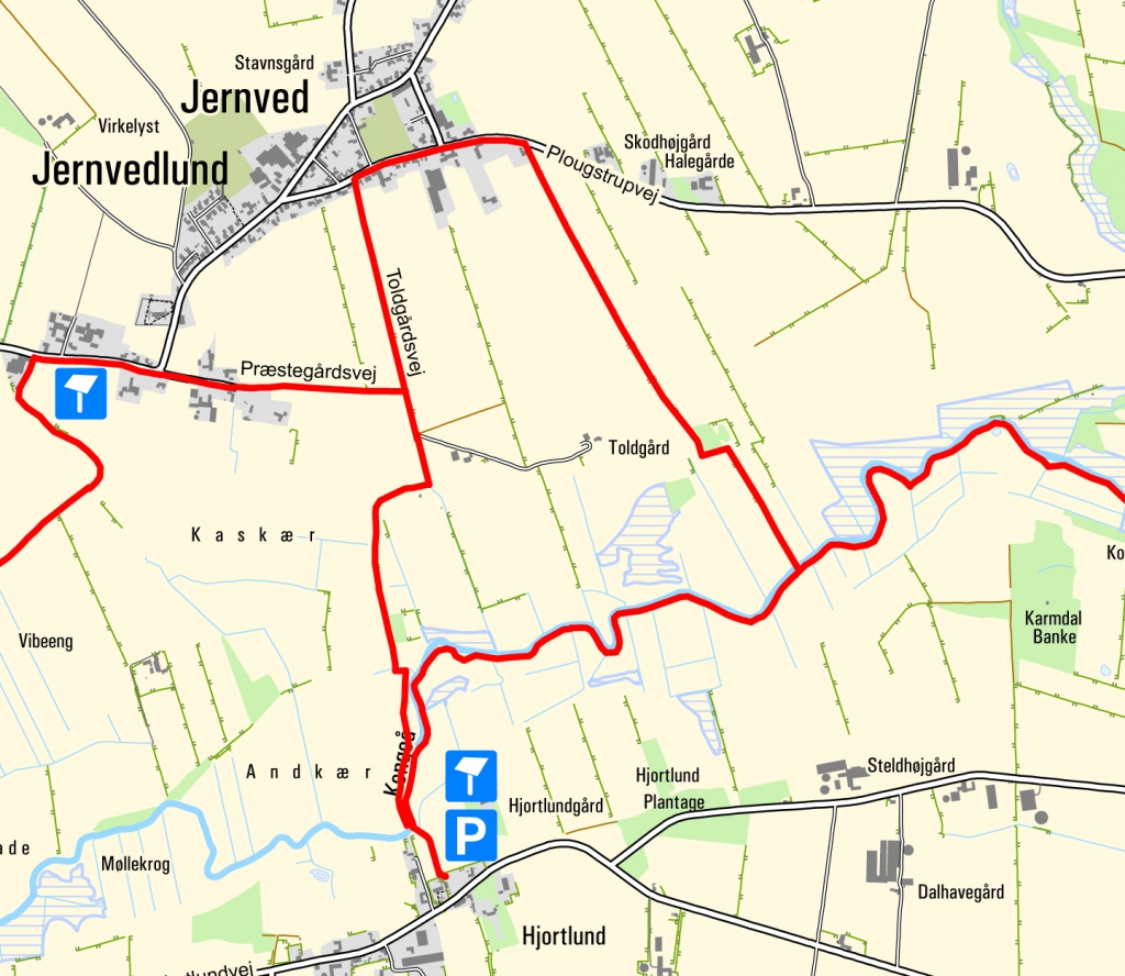 Kort - rundtur Hjortlund og Jernvedlund. Kortet indeholder data fra Geodatastyrelsen, Kort10.