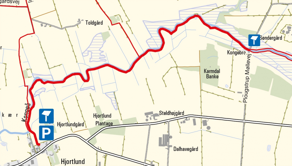 Karte - Hjortlund nach Plovstrup. Die Karte zeigt Daten von Geodatastyrelsen (Bundesamt für Kartographie und Geodäsie), Kort10.