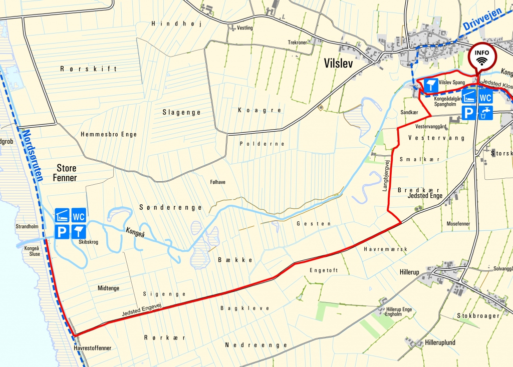 Kort - fra Kongeåslusen til Vilslev. Kortet indeholder data fra Geodatastyrelsen, Kort10.