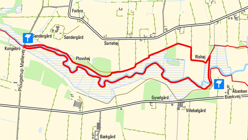 Map - round trip east of Plougstrup Møllevej. The map displays data from Geodatastyrelsen, Kort10.